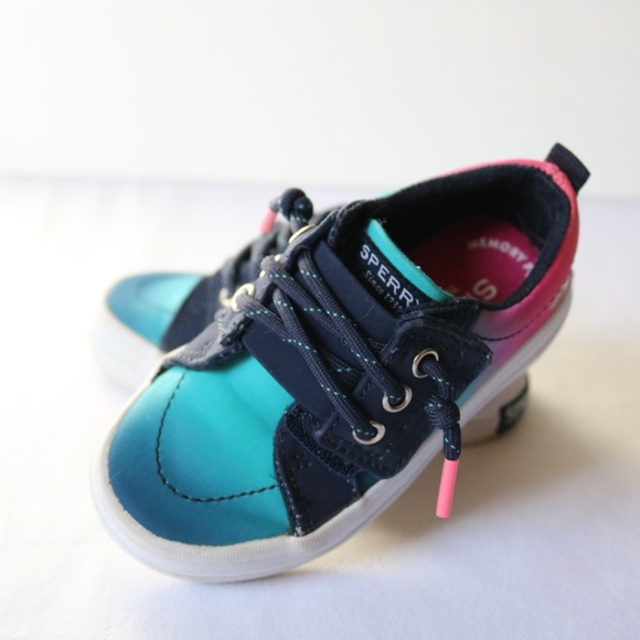 SPERRY Baby Infant Boat Shoes Canvas Laces Blue Pink Ombre 5 months - Picture 13 of 14